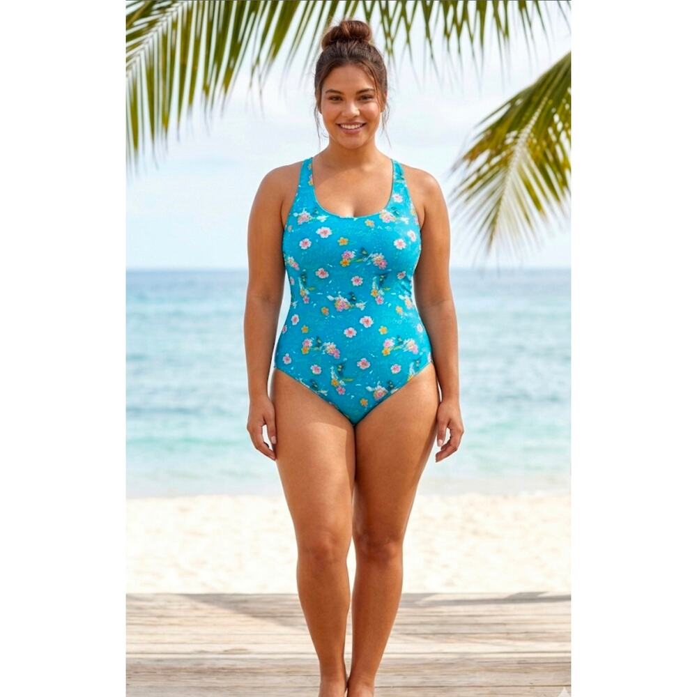J .Crew Women's Blue Eco Aloha Lace Back Tank One Piece Swimwear Size 16